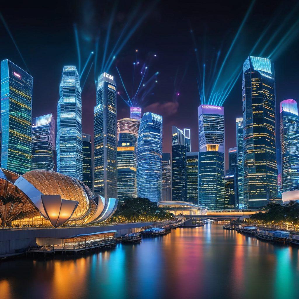 A futuristic skyline of Singapore with iconic buildings illuminated by digital blockchain symbols and glowing cryptocurrency icons in the sky. In the foreground, diverse professionals are engaged in discussions about finance and technology, holding holographic displays of blockchain networks. The atmosphere is vibrant and optimistic, reflecting innovation and progress in the financial sector. cyberpunk. super-realistic. vibrant colors.
