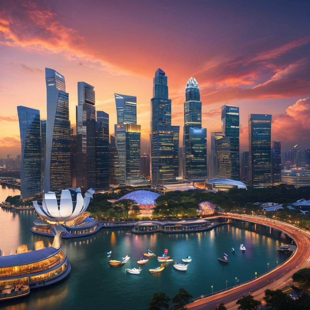 A futuristic skyline of Singapore at sunset, featuring iconic landmarks like Marina Bay Sands and the Merlion, combined with digital currency symbols (like Bitcoin and Ethereum) hovering above the city. In the foreground, a diverse group of investors engaged in discussion, analyzing data on holographic screens, surrounded by blockchain visualizations. The scene captures innovation and optimism. vibrant colors. super-realistic. digital art.
