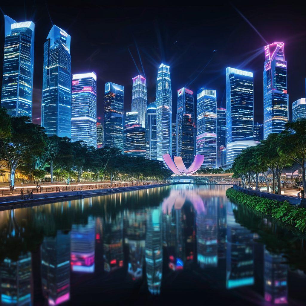 A futuristic skyline of Singapore with a digital currency theme, showcasing neon lights and holographic displays of cryptocurrencies. Include diverse people engaged in digital transactions with their smartphones, amidst a blend of modern architecture and lush greenery. Illustrate dynamic graphs and trends soaring in the background, symbolizing growth in digital currencies. super-realistic. vibrant colors. futuristic atmosphere.